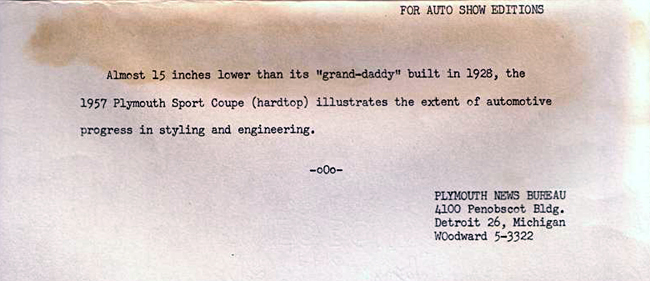 1957 Plymouth press release